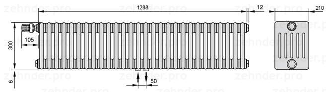 Схема (чертеж) Радиатор Zehnder Charleston 6030/28 №V007 Белый глянцевый RAL 9016